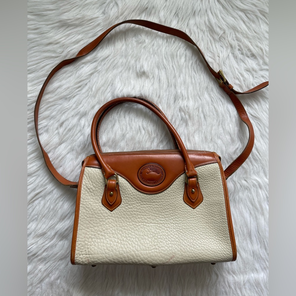 Dooney & Bourke Cream and Tan Pebbled Leather Satchel with Shoulder Strap